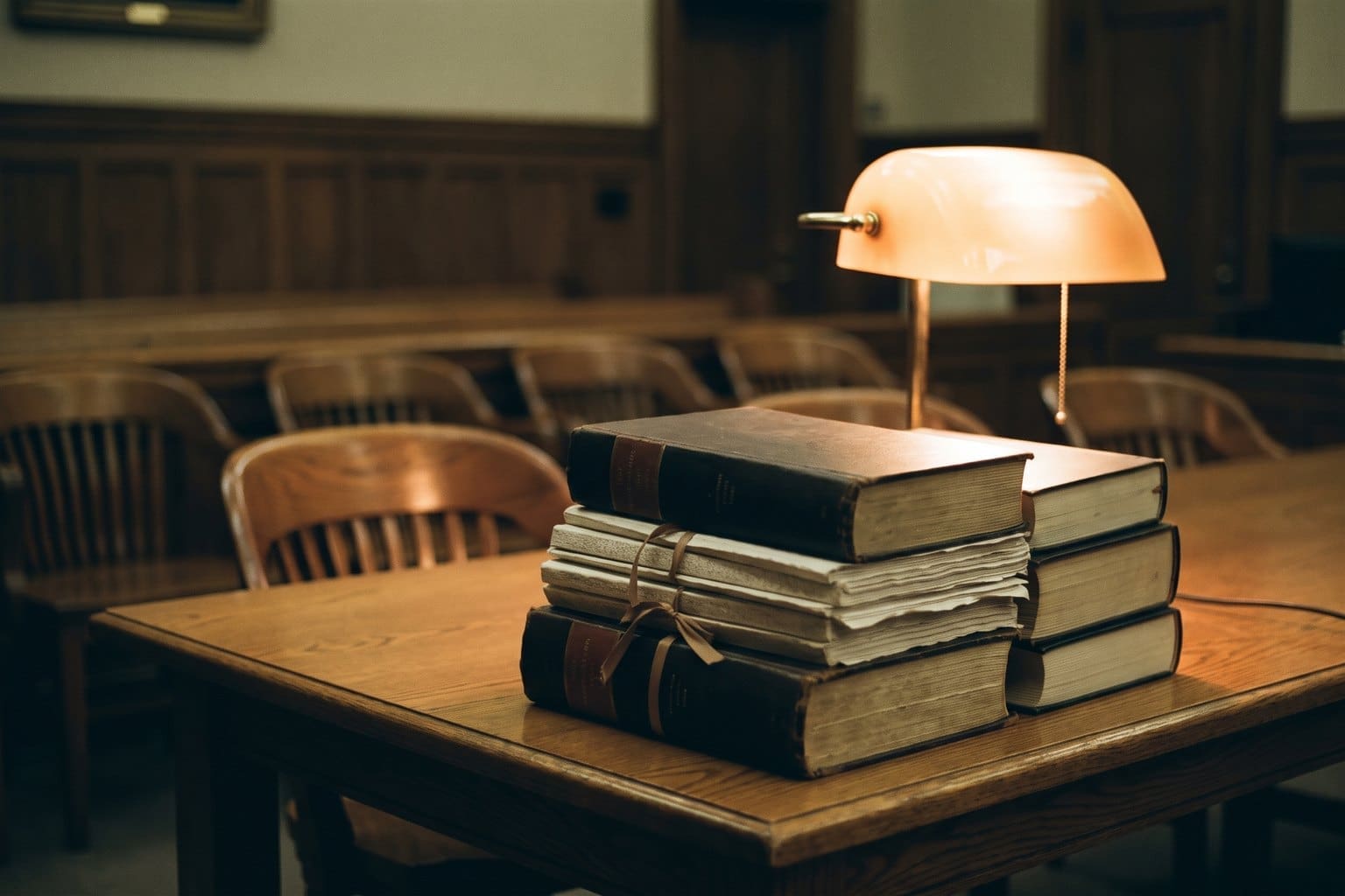 Stack of bound legal factums and transcript volumes on a counsel table in an appellate courtroom