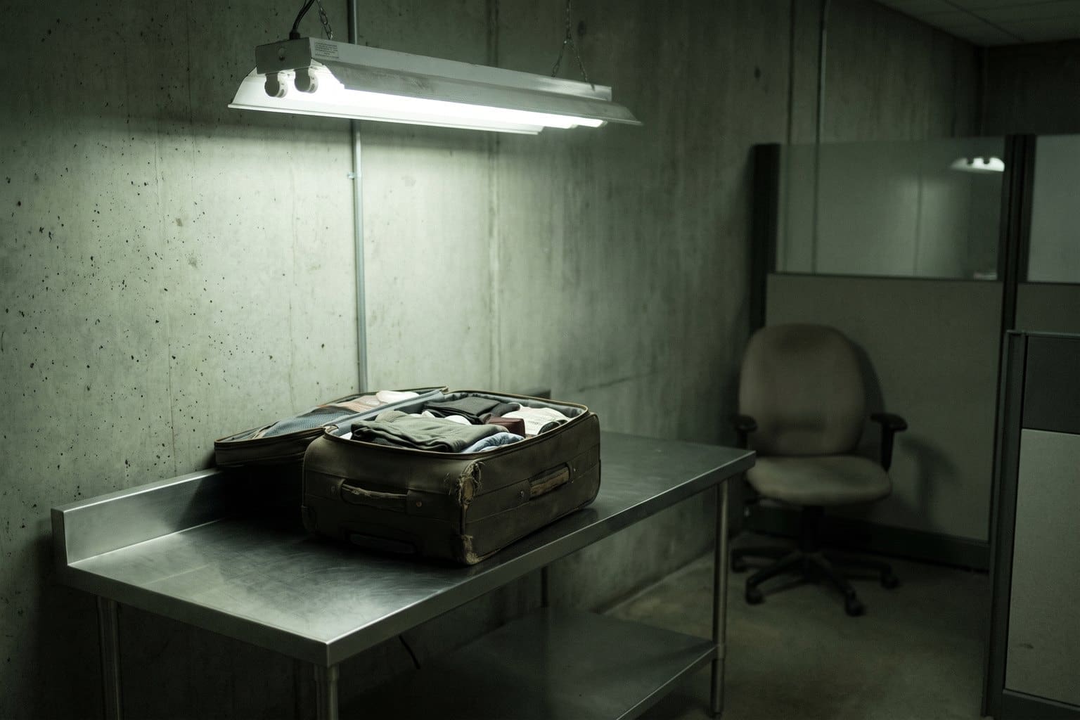 Opened case on a stainless steel bench in a bare customs examination room