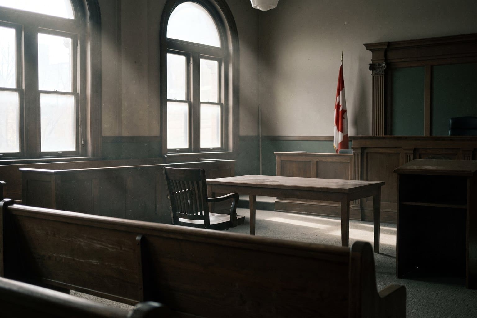 Empty courtroom seen from the gallery with the accused chair and counsel table vacant