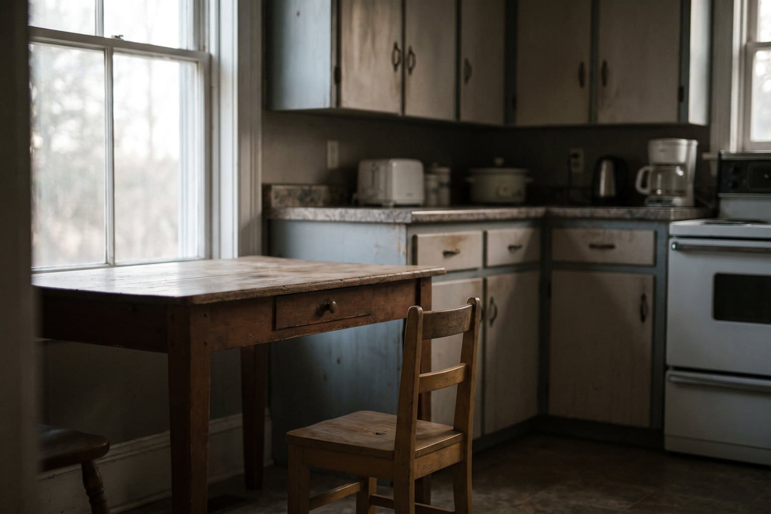 Empty domestic kitchen in late afternoon light with a small child chair pushed back from the table