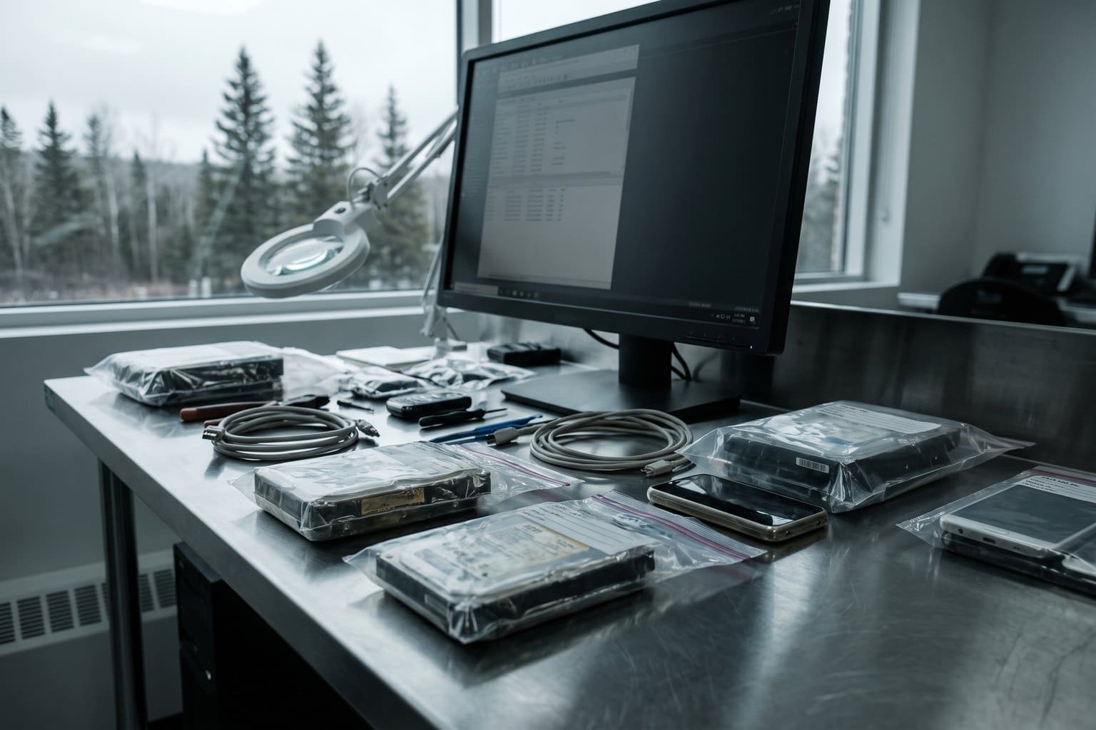 Police digital forensics bench with sealed evidence bags holding hard drives and phones