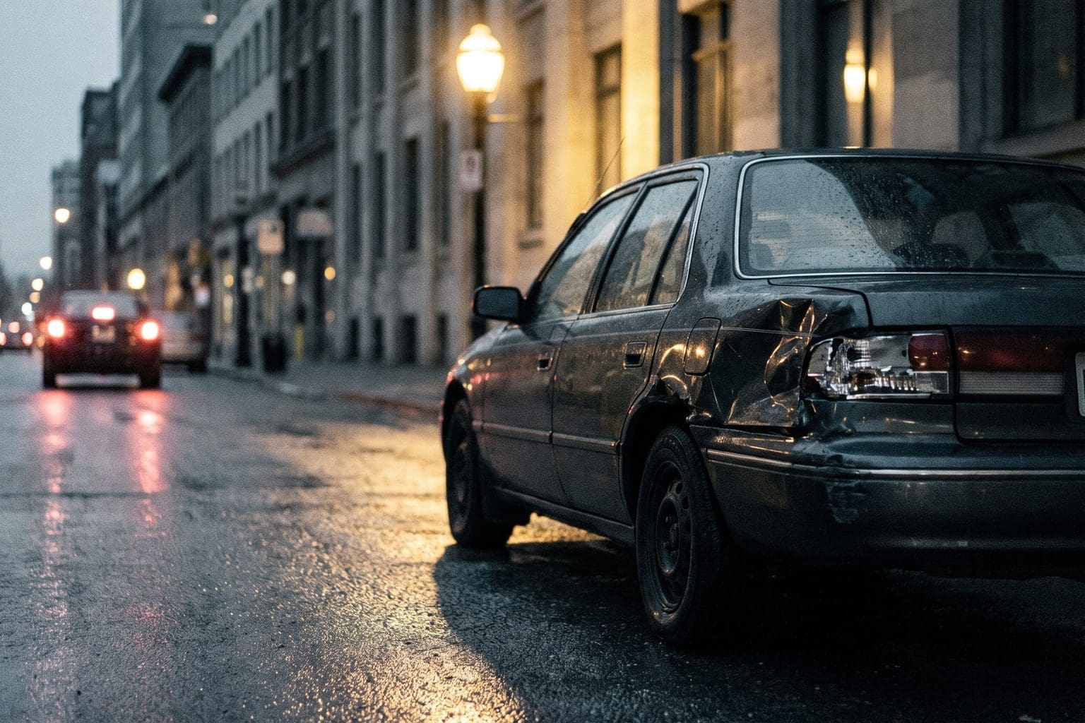 Wet city street at night with a damaged parked car under a street lamp and tail lights receding