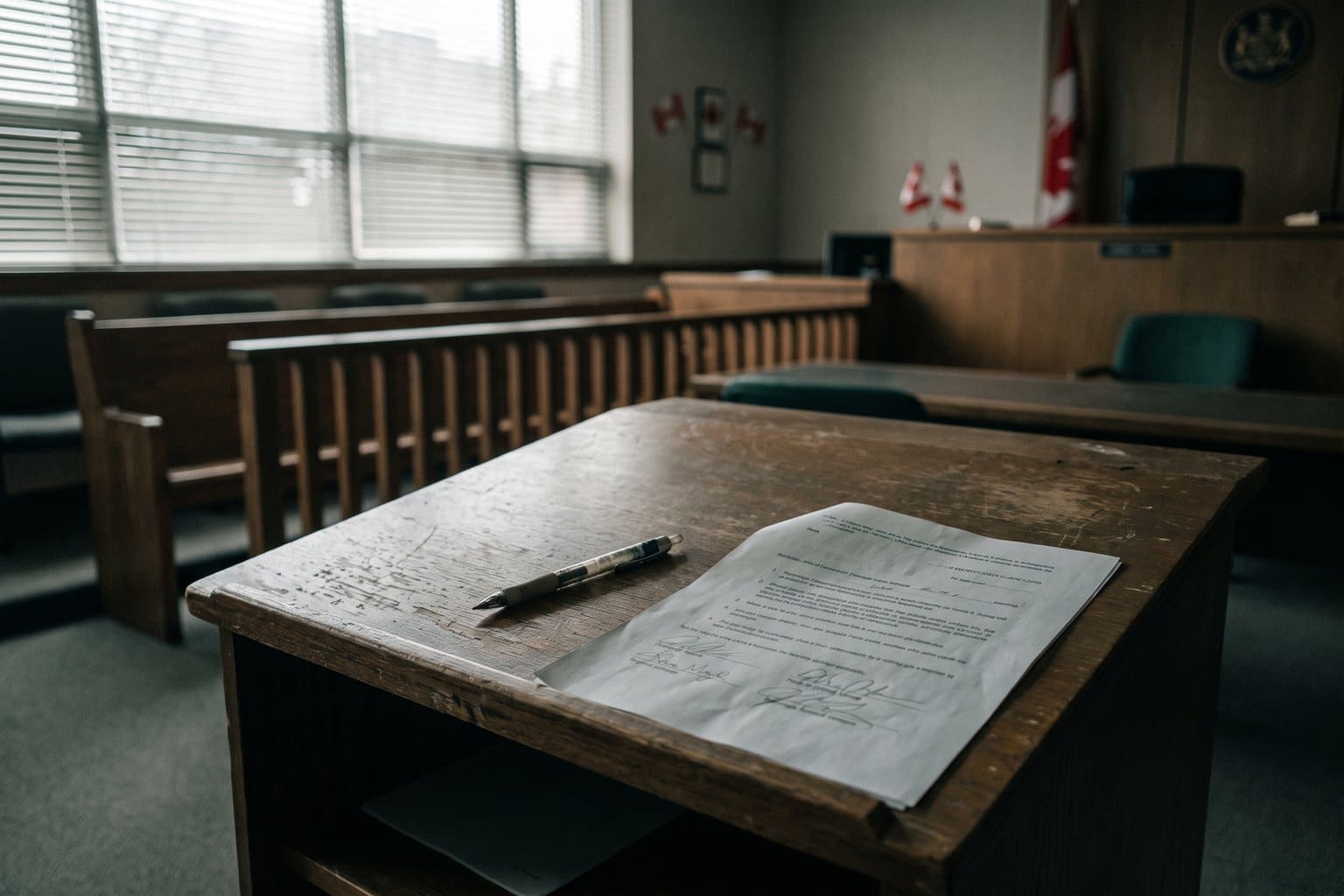 Court clerk desk in an empty provincial courtroom with a signed undertaking and a pen