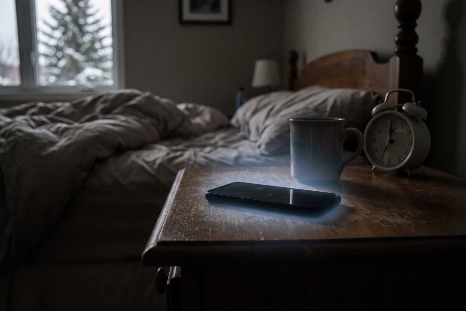 Mobile phone lying face down on a bedside table at night with screen light leaking around the edge