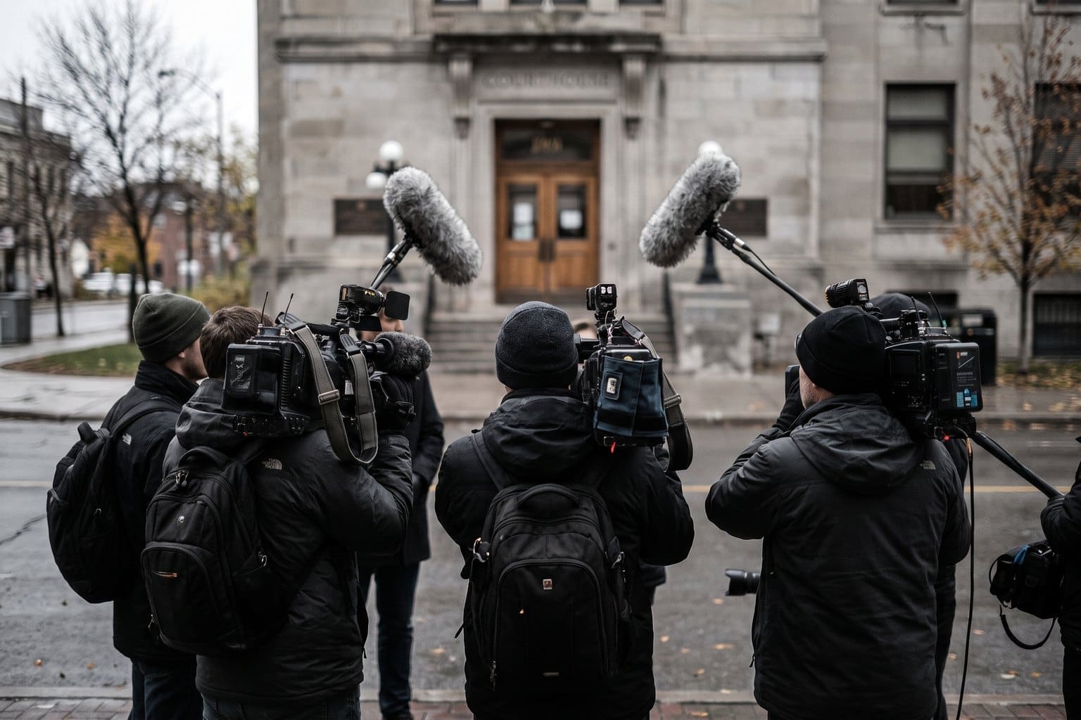Television news cameras and microphones set up outside a courthouse entrance