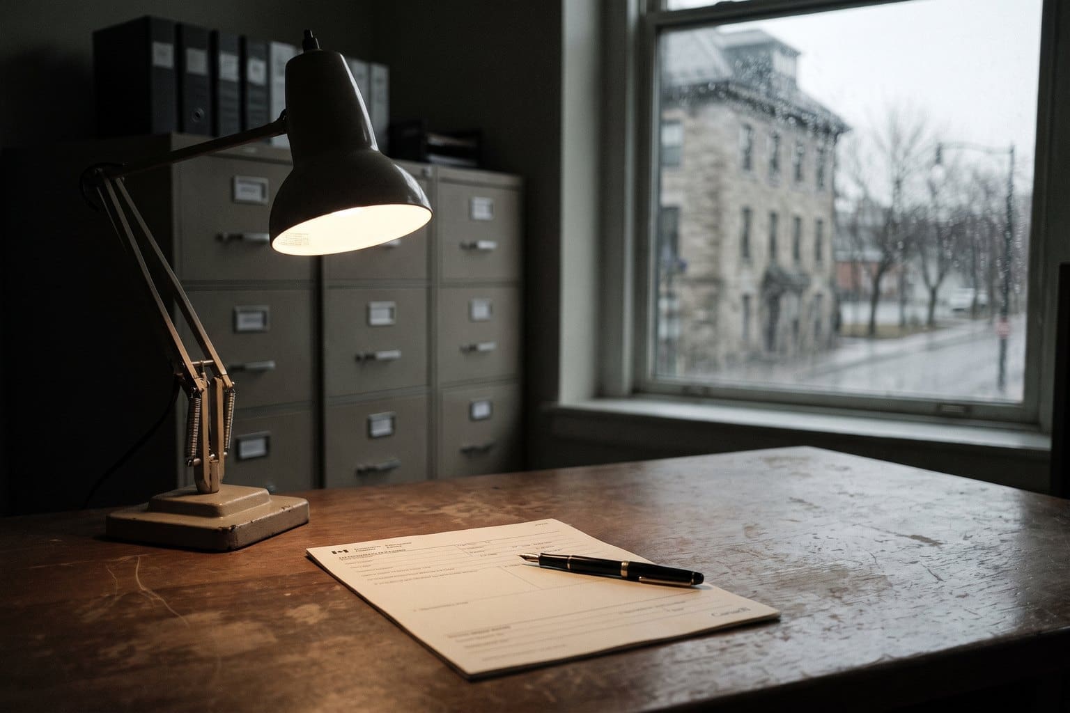 Government records office desk with a blank official form and a pen under a desk lamp
