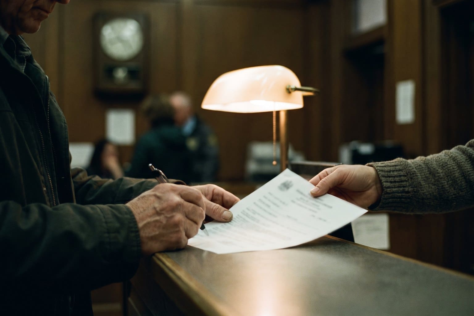 Hands signing a bail document at a courthouse counter as a clerk slides the paper across