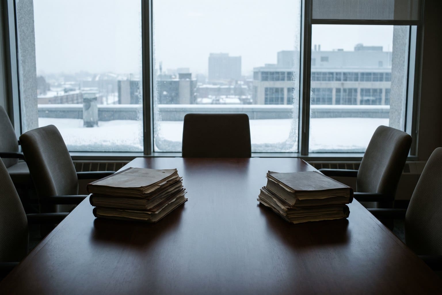 Two separate stacks of legal documents facing each other across a dark boardroom table