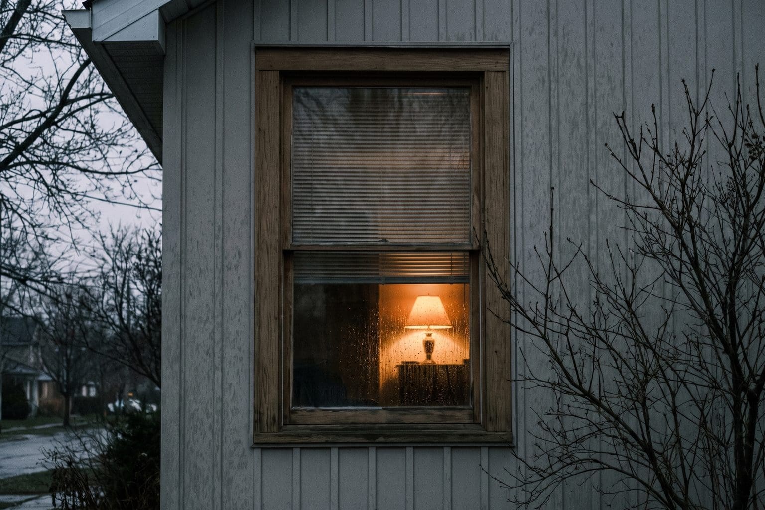 Residential window at dusk seen from outside with venetian blinds half closed and warm light within